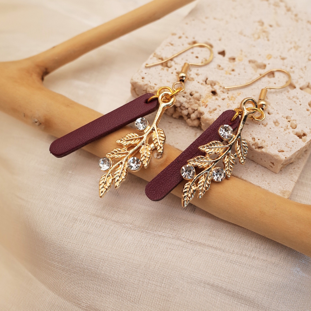 Leafy Gold Accent Leather Earrings