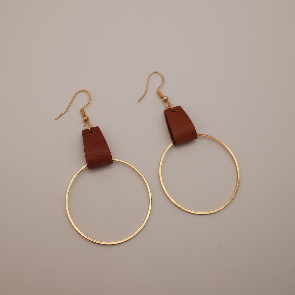 Gold Circle Leather Earrings