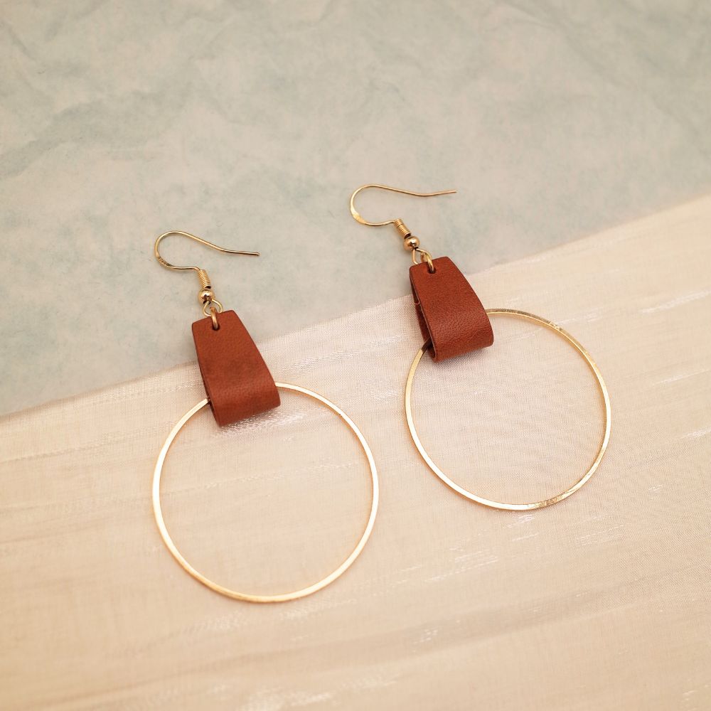 Gold Circle Leather Earrings