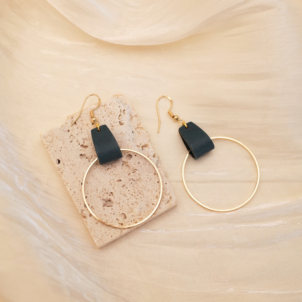 Gold Circle Leather Earrings