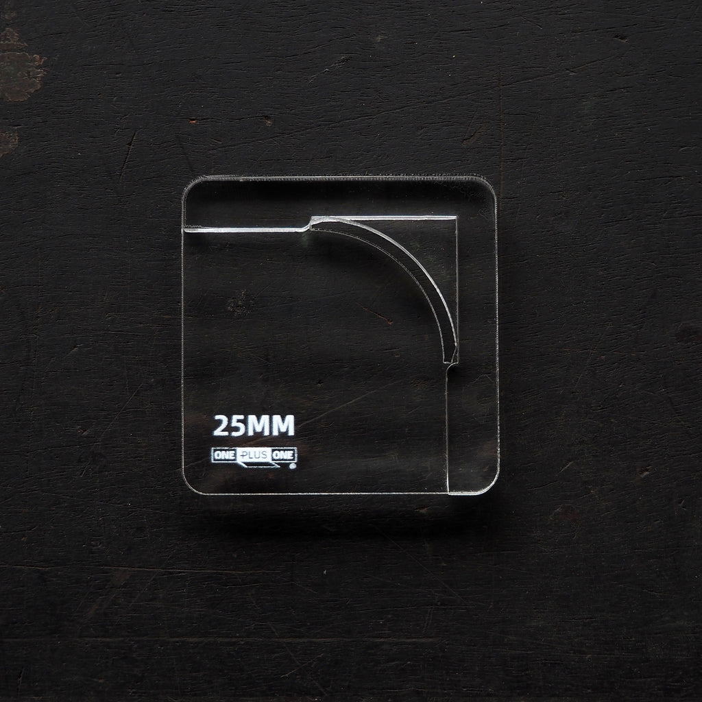 CPT-JIG-25 (Dedicated Jig for 25mm) acrylic tool for precise corner punch alignment.
